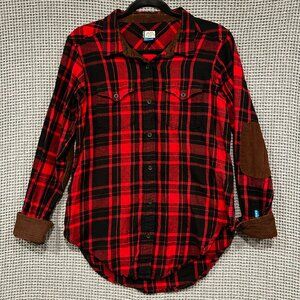 Kavu Billie Jean Red Black Plaid Flannel Shirt MEDIUM w/Corduroy Elbow Patches